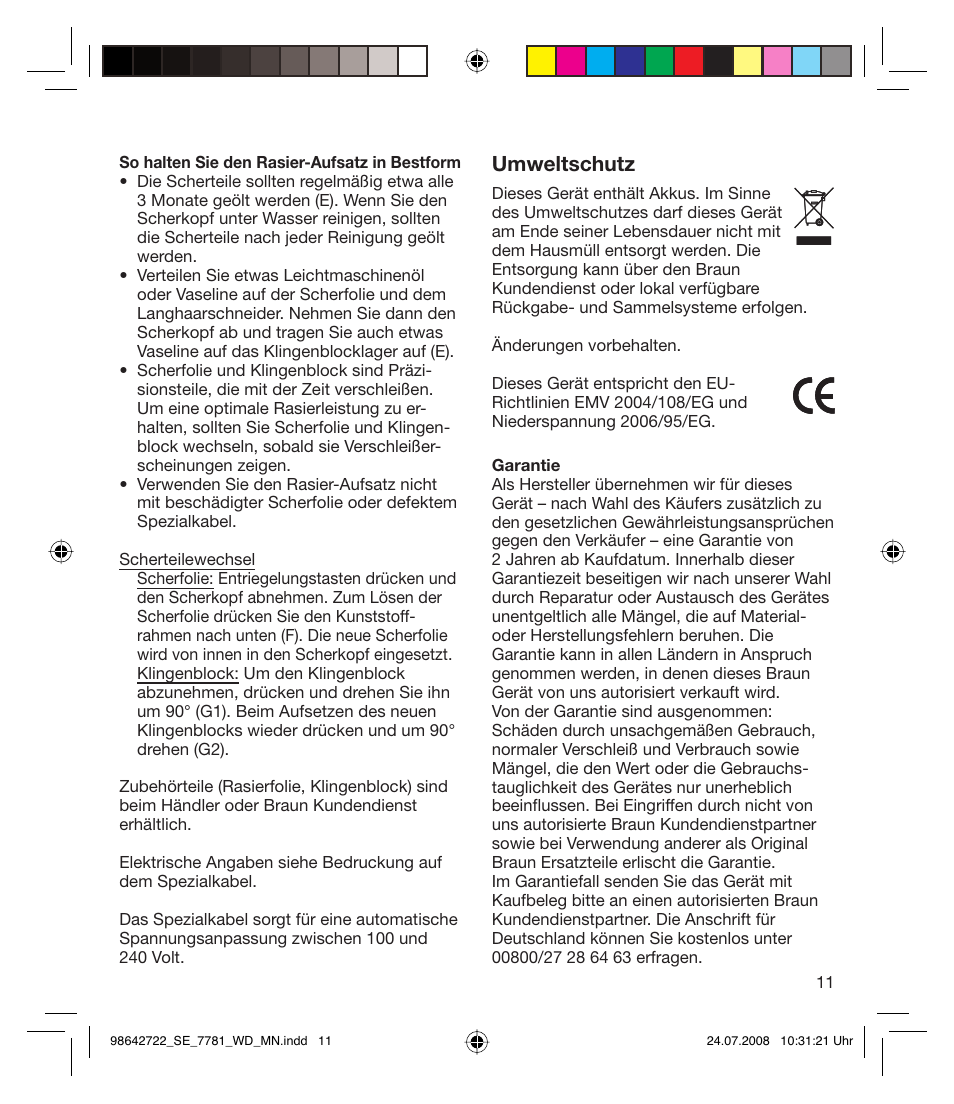 Umweltschutz | Braun 7781 WD Silk-épil Xpressive User Manual | Page 11 / 112