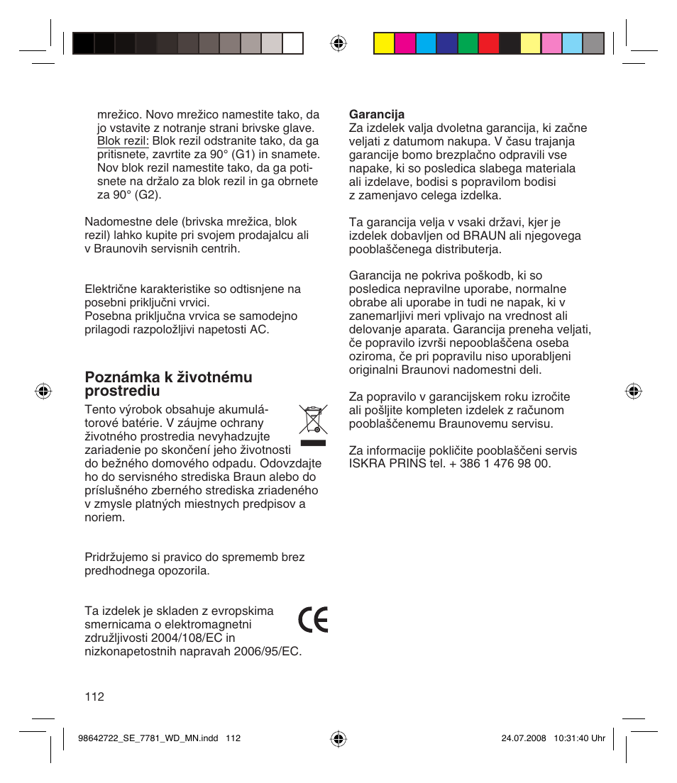 Poznámka k ïivotnému prostrediu | Braun 7781 WD Silk-épil Xpressive User Manual | Page 112 / 112