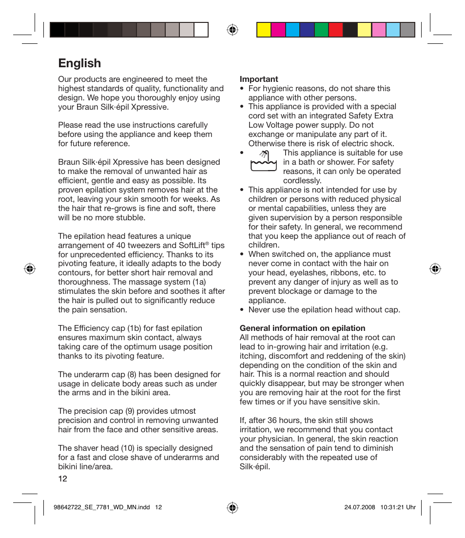 English | Braun 7781 WD Silk-épil Xpressive User Manual | Page 12 / 112