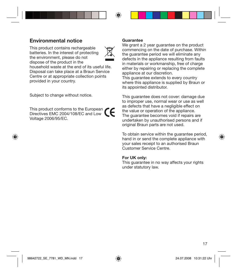 Environmental notice | Braun 7781 WD Silk-épil Xpressive User Manual | Page 17 / 112