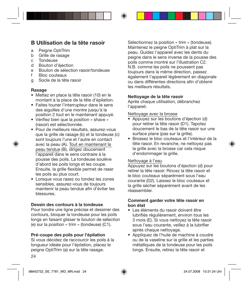 B utilisation de la tête rasoir | Braun 7781 WD Silk-épil Xpressive User Manual | Page 24 / 112