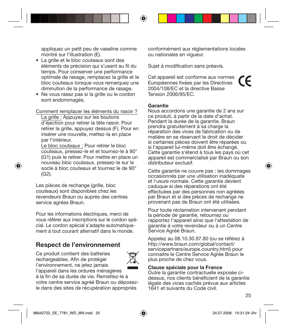 Respect de l’environnement | Braun 7781 WD Silk-épil Xpressive User Manual | Page 25 / 112