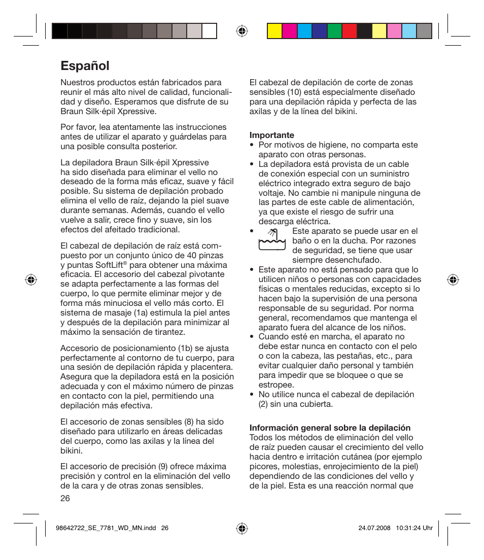 Español | Braun 7781 WD Silk-épil Xpressive User Manual | Page 26 / 112