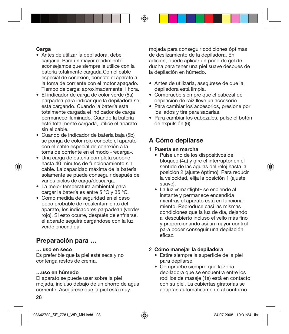 Preparación para, A cómo depilarse | Braun 7781 WD Silk-épil Xpressive User Manual | Page 28 / 112