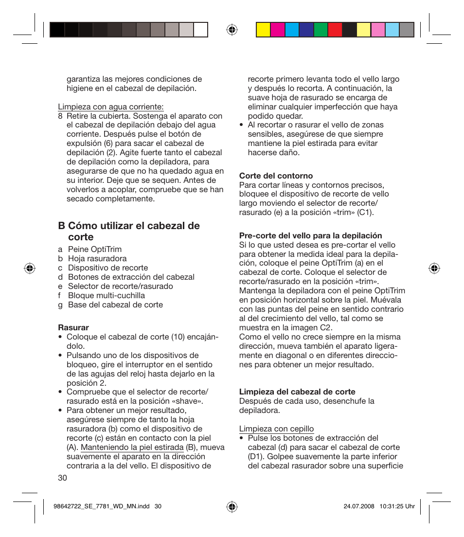 B cómo utilizar el cabezal de corte | Braun 7781 WD Silk-épil Xpressive User Manual | Page 30 / 112