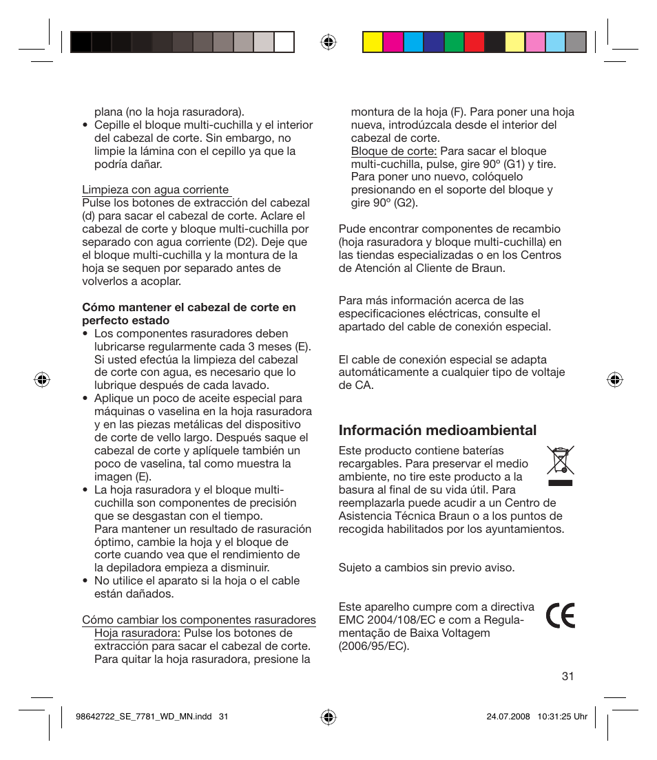 Información medioambiental | Braun 7781 WD Silk-épil Xpressive User Manual | Page 31 / 112