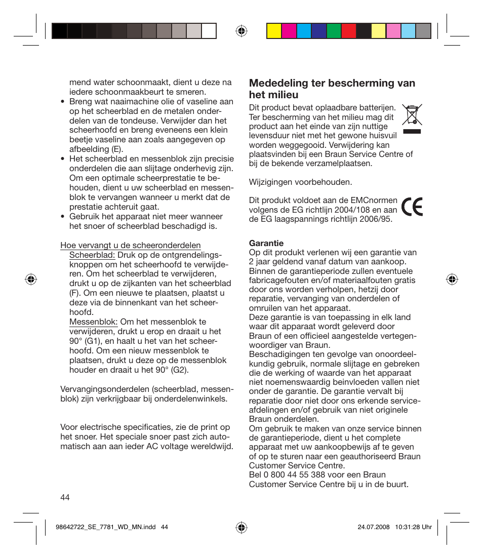 Mededeling ter bescherming van het milieu | Braun 7781 WD Silk-épil Xpressive User Manual | Page 44 / 112