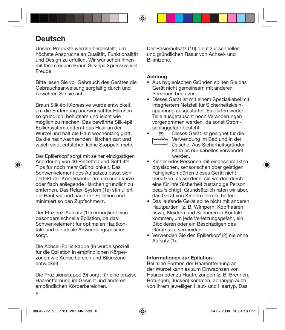 Deutsch | Braun 7781 WD Silk-épil Xpressive User Manual | Page 6 / 112