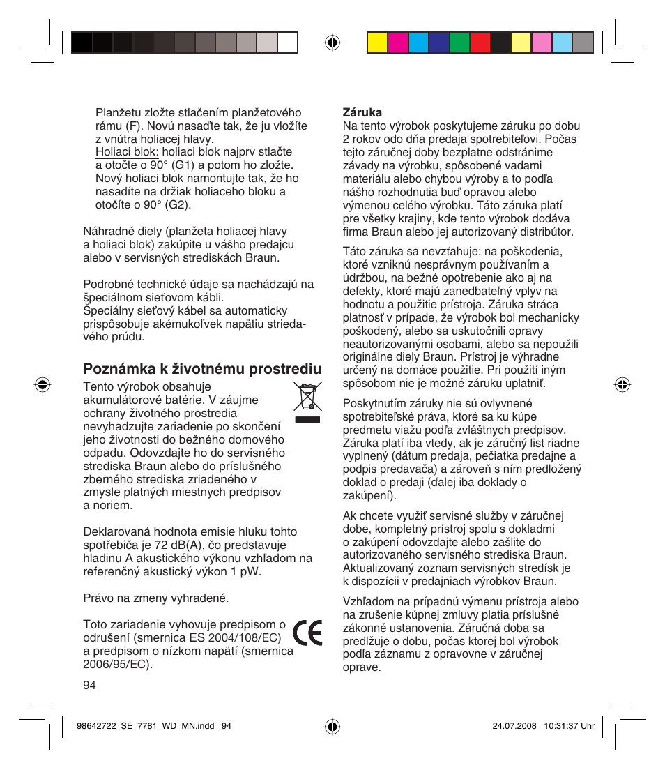 Poznámka k ïivotnému prostrediu | Braun 7781 WD Silk-épil Xpressive User Manual | Page 94 / 112