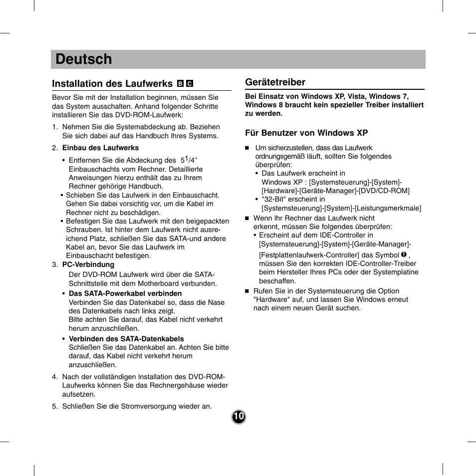 Deutsch, Installation des laufwerks, Gerätetreiber | LG DH18NS50 User Manual | Page 10 / 16