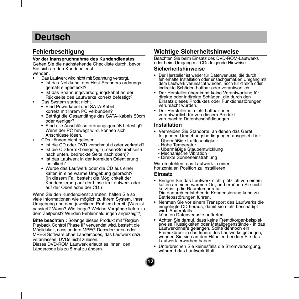 Deutsch, Fehlerbeseitigung, Wichtige sicherheitshinweise | LG DH18NS50 User Manual | Page 12 / 16