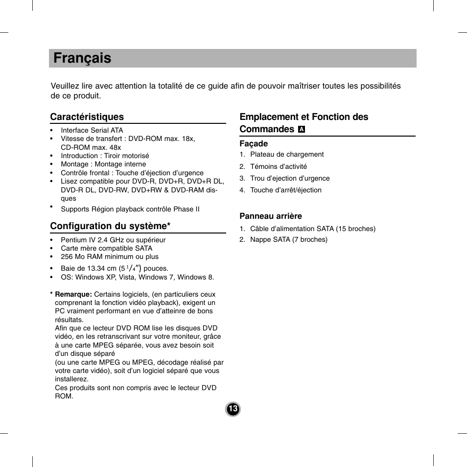 Français, Caractéristiques, Configuration du système | Emplacement et fonction des commandes | LG DH18NS50 User Manual | Page 13 / 16