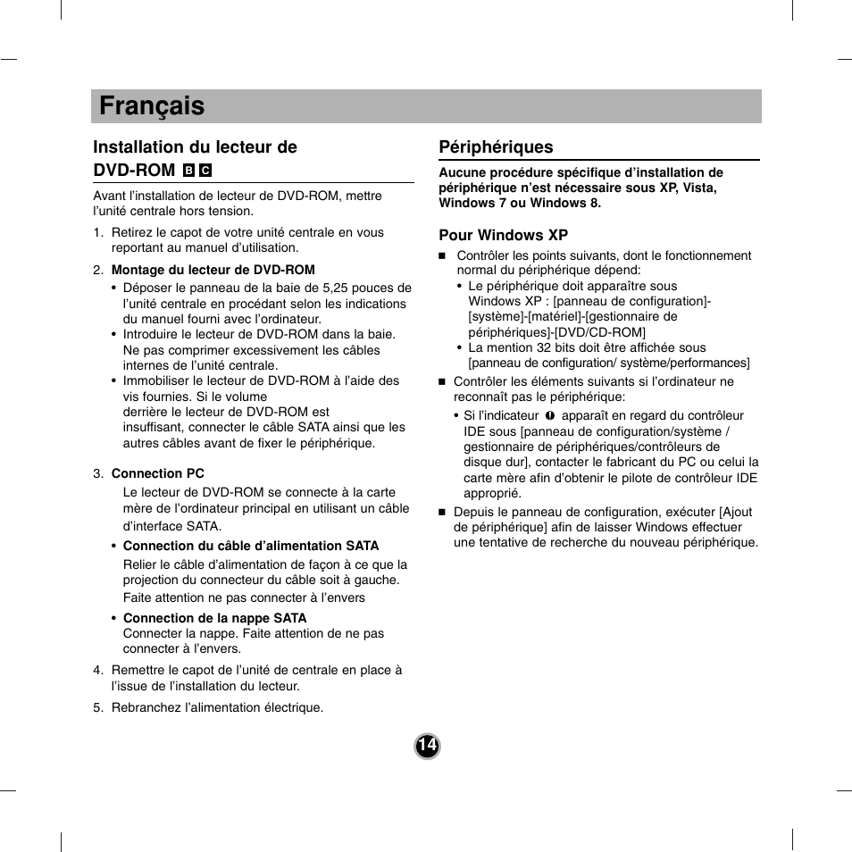 Français, Installation du lecteur de dvd-rom, Périphériques | LG DH18NS50 User Manual | Page 14 / 16