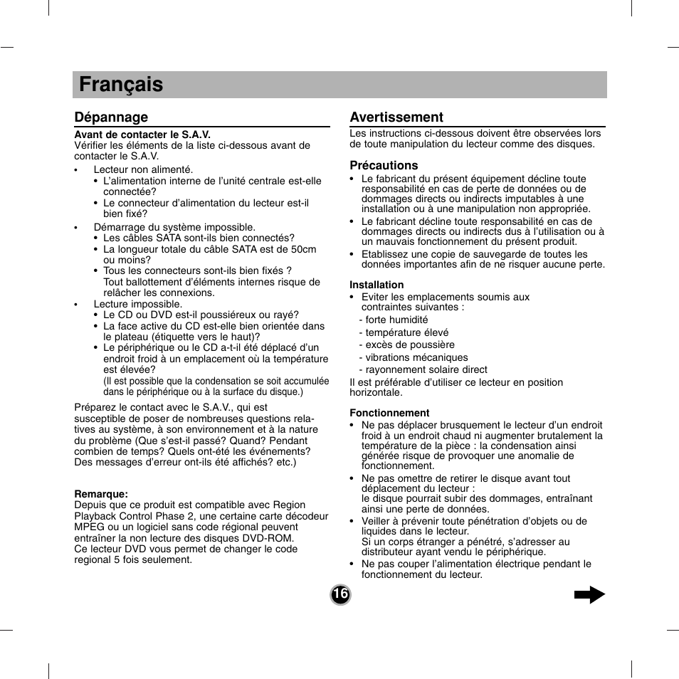 Français, Dépannage, Avertissement | LG DH18NS50 User Manual | Page 16 / 16