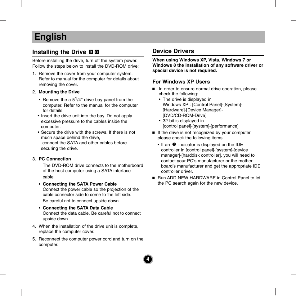 English, 4installing the drive, Device drivers | LG DH18NS50 User Manual | Page 4 / 16