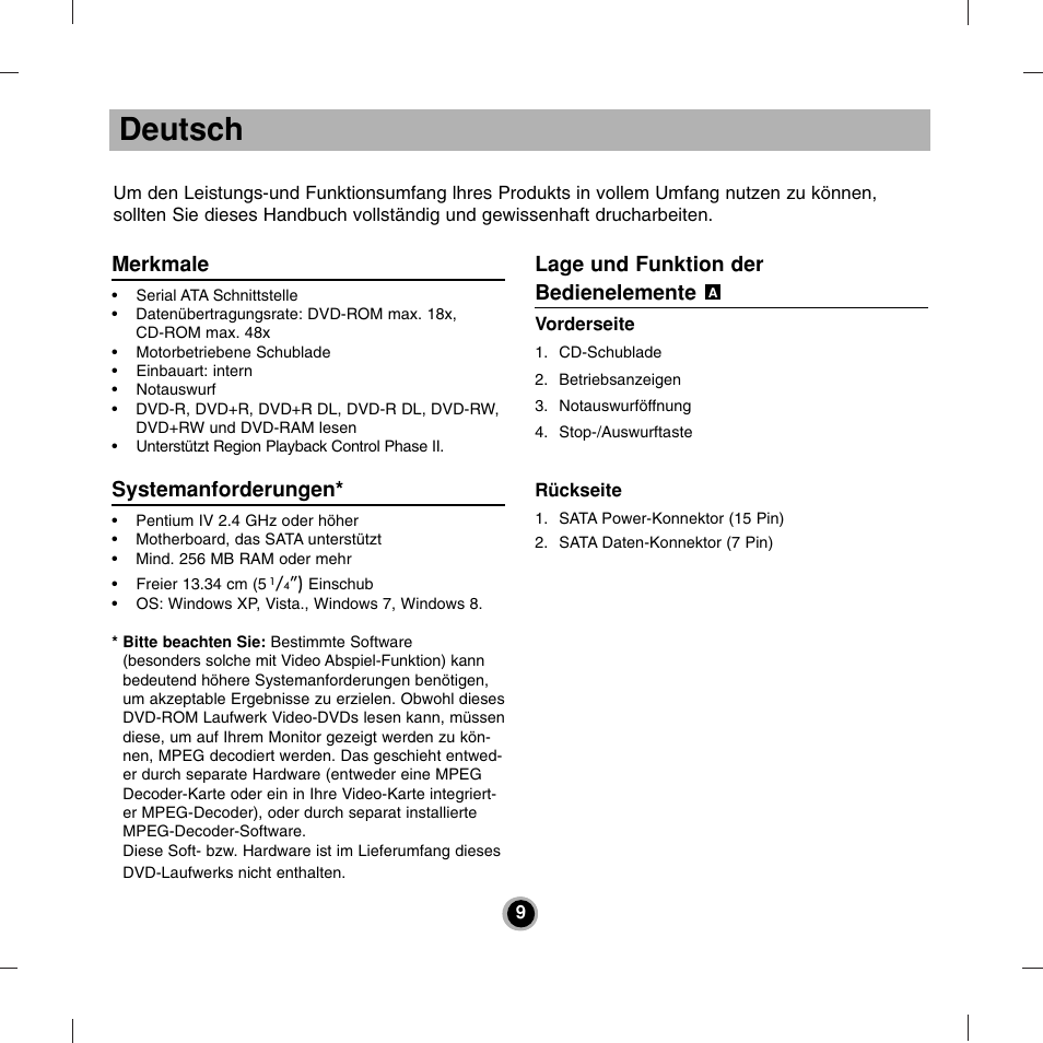 Deutsch, Merkmale, Systemanforderungen | Lage und funktion der bedienelemente | LG DH18NS50 User Manual | Page 9 / 16