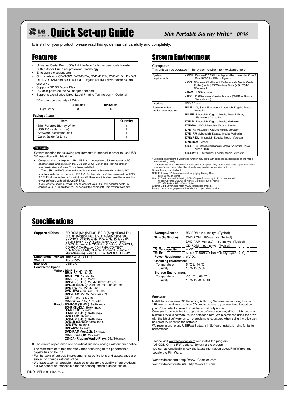 Quick set-up guide, Features, System environment | Specifications, Slim portable blu-ray writer | LG BP06LU10 User Manual | Page 3 / 4