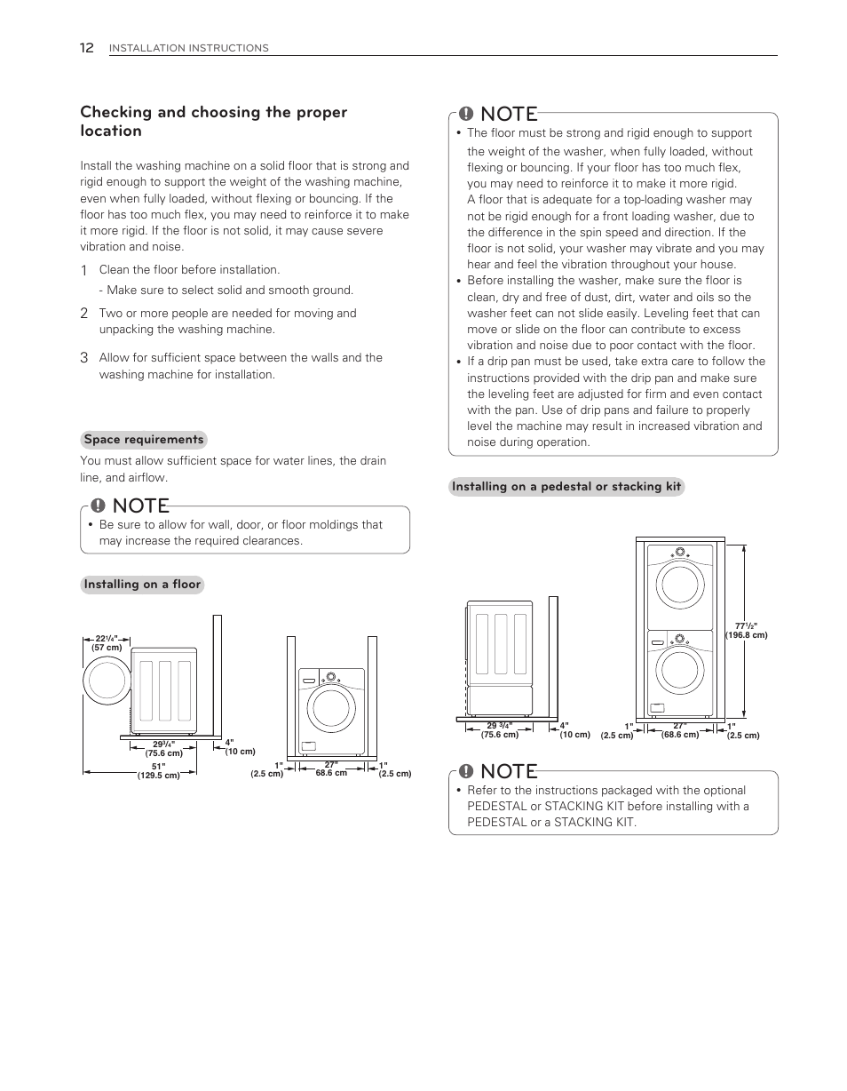 Checking and choosing the proper location | LG WM3650HVA User Manual | Page 12 / 80