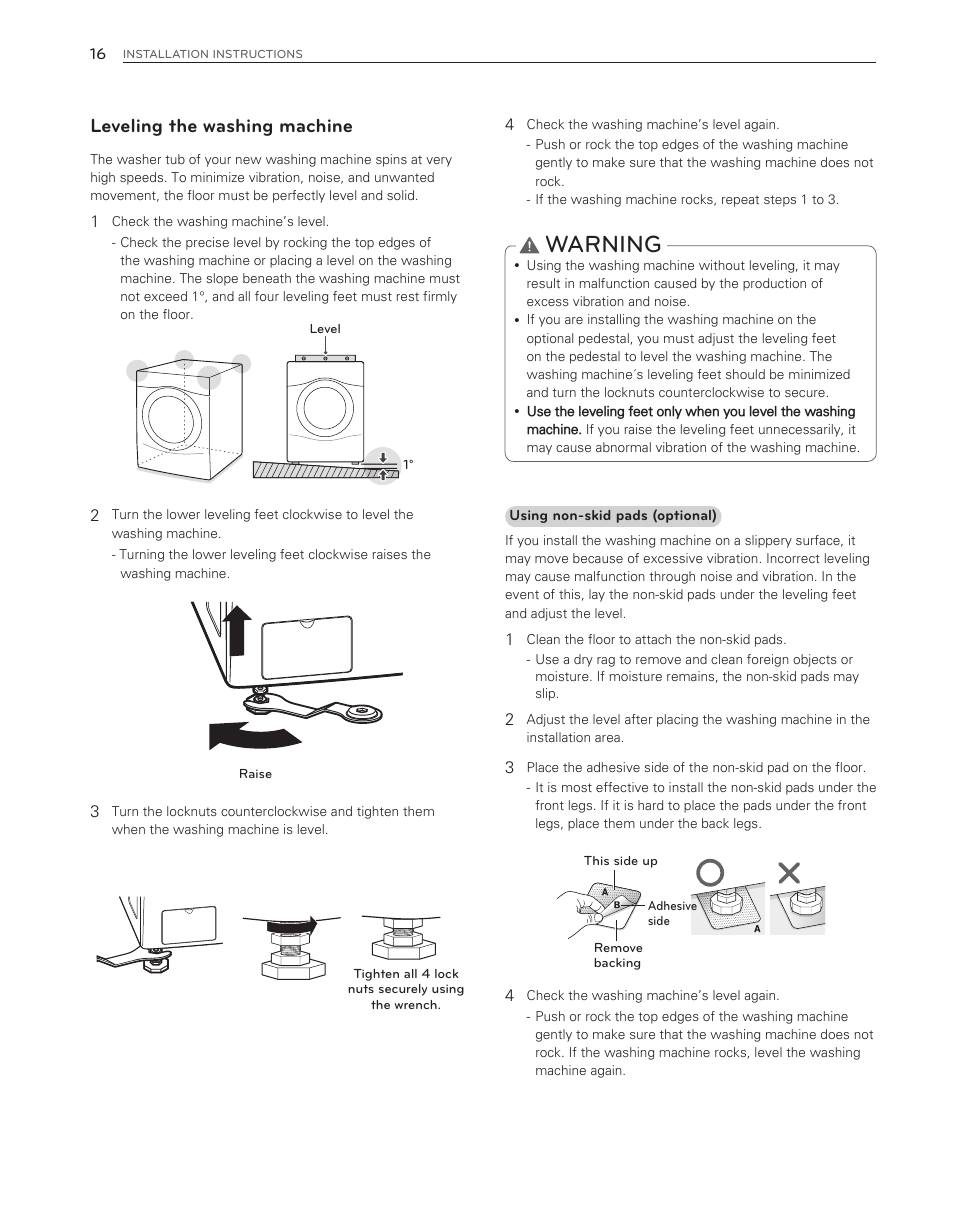 Warning, Leveling the washing machine | LG WM3650HVA User Manual | Page 16 / 80