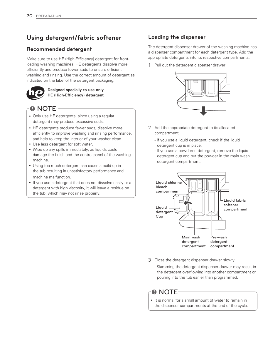 Using detergent/fabric softener, Loading the dispenser, Recommended detergent | LG WM3650HVA User Manual | Page 20 / 80