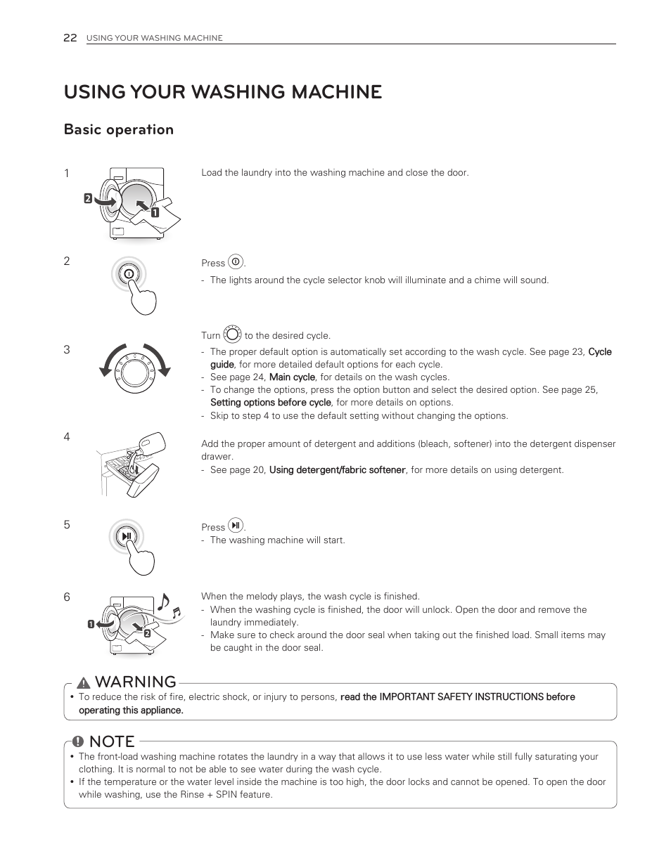 Using your washing machine, Warning, Basic operation | LG WM3650HVA User Manual | Page 22 / 80