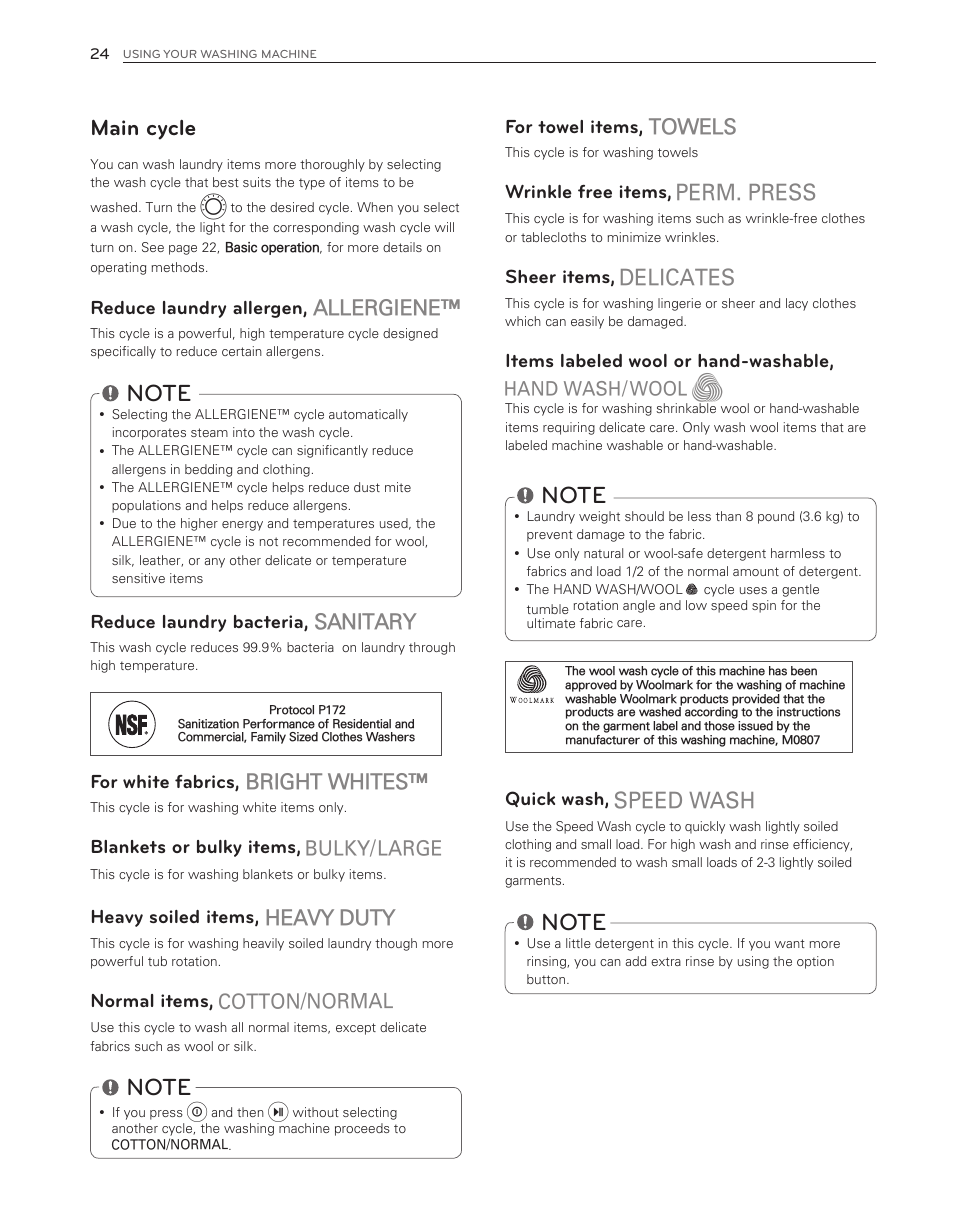 Main cycle, Towels, Allergiene | Sanitary, Bright whites, Heavy duty | LG WM3650HVA User Manual | Page 24 / 80