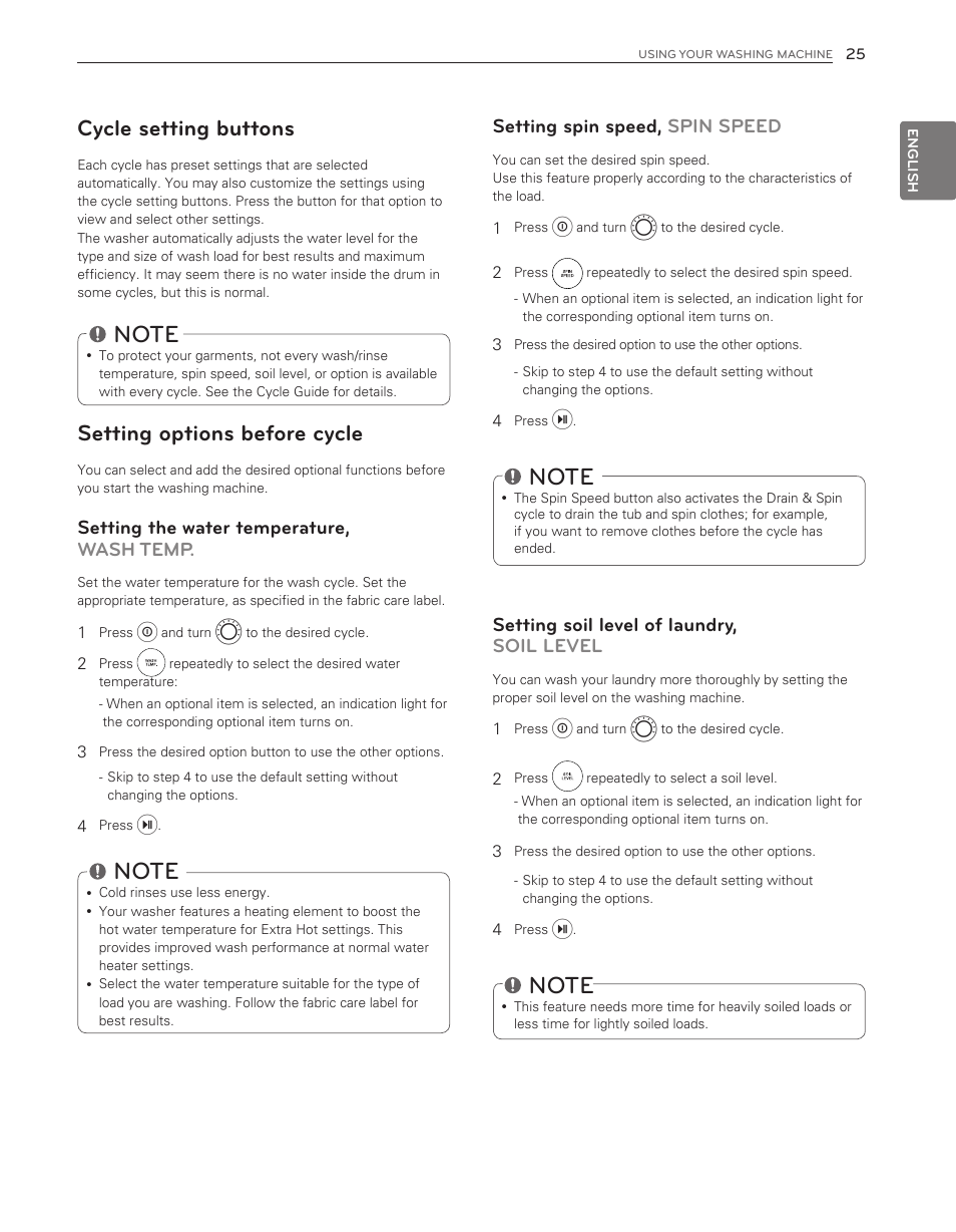 Cycle setting buttons, Setting options before cycle | LG WM3650HVA User Manual | Page 25 / 80