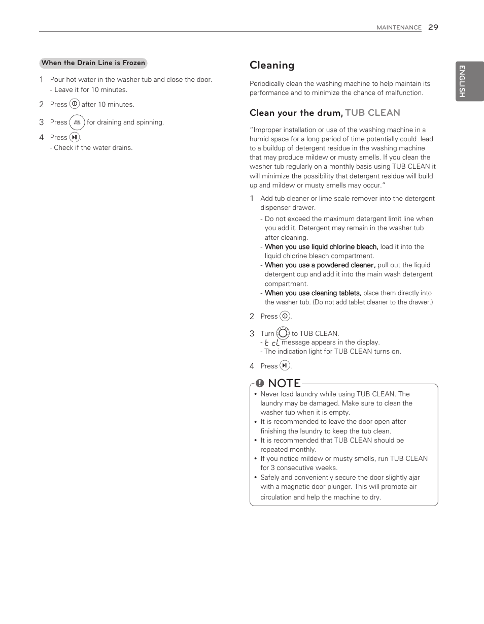 Cleaning, Clean your the drum, tub clean | LG WM3650HVA User Manual | Page 29 / 80