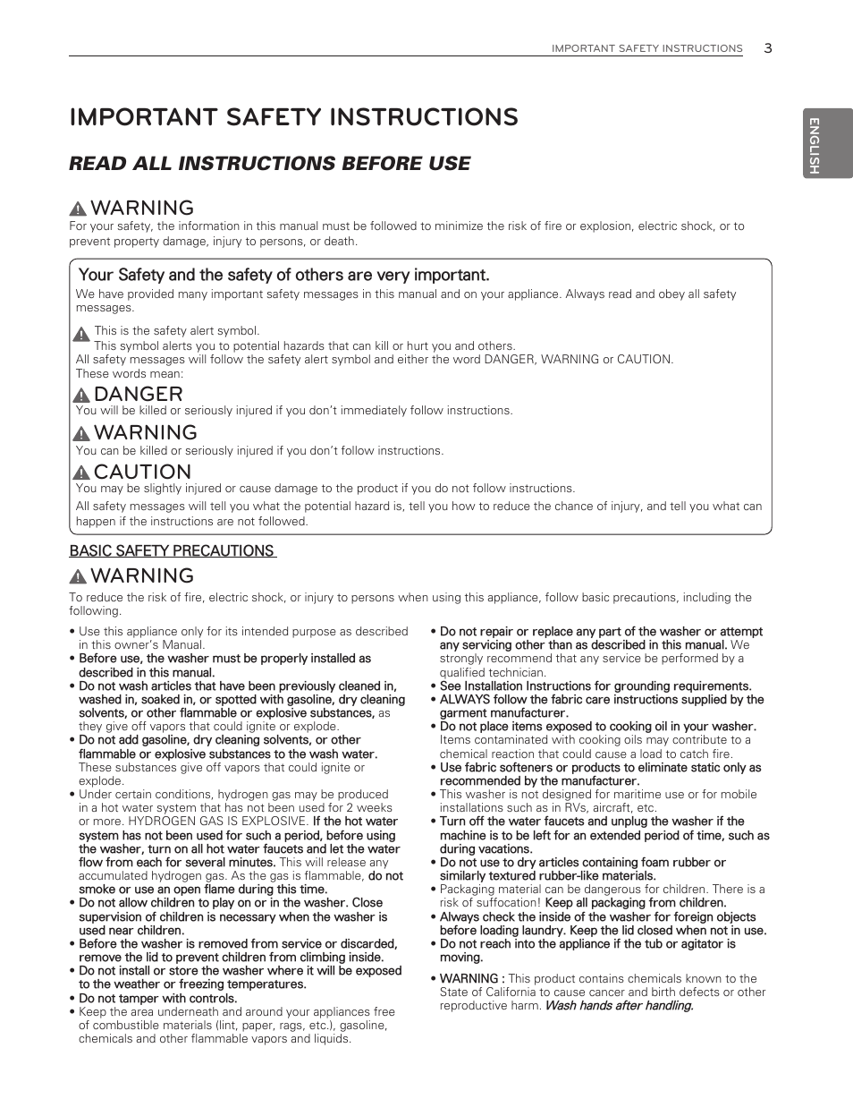 Important safety instructions, Warning, Danger | Caution, Read all instructions before use | LG WM3650HVA User Manual | Page 3 / 80