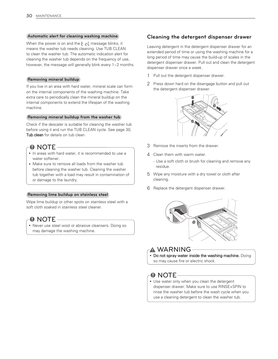 Warning, Cleaning the detergent dispenser drawer | LG WM3650HVA User Manual | Page 30 / 80