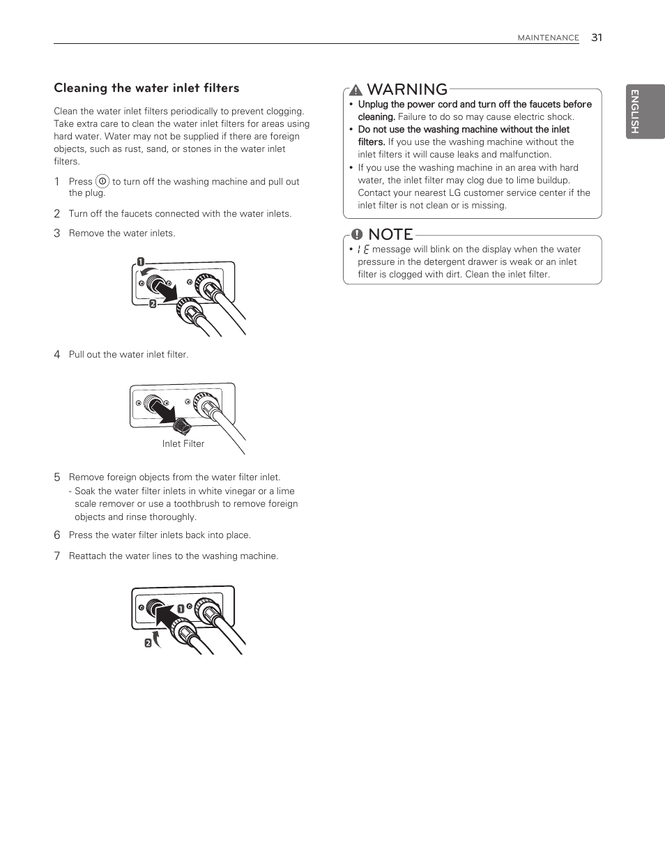 Warning, Cleaning the water inlet filters | LG WM3650HVA User Manual | Page 31 / 80