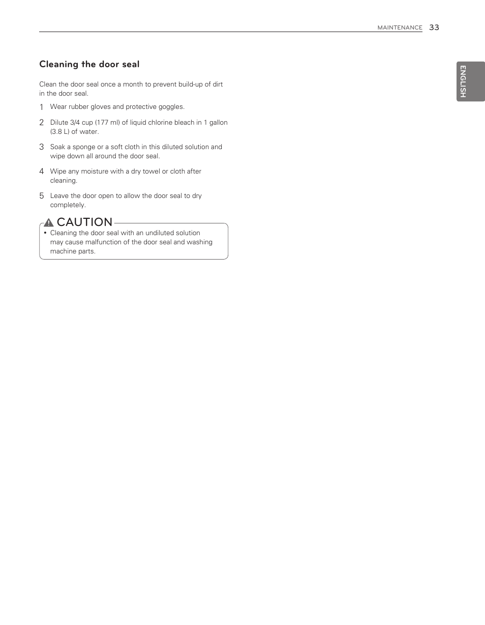 Caution, Cleaning the door seal | LG WM3650HVA User Manual | Page 33 / 80