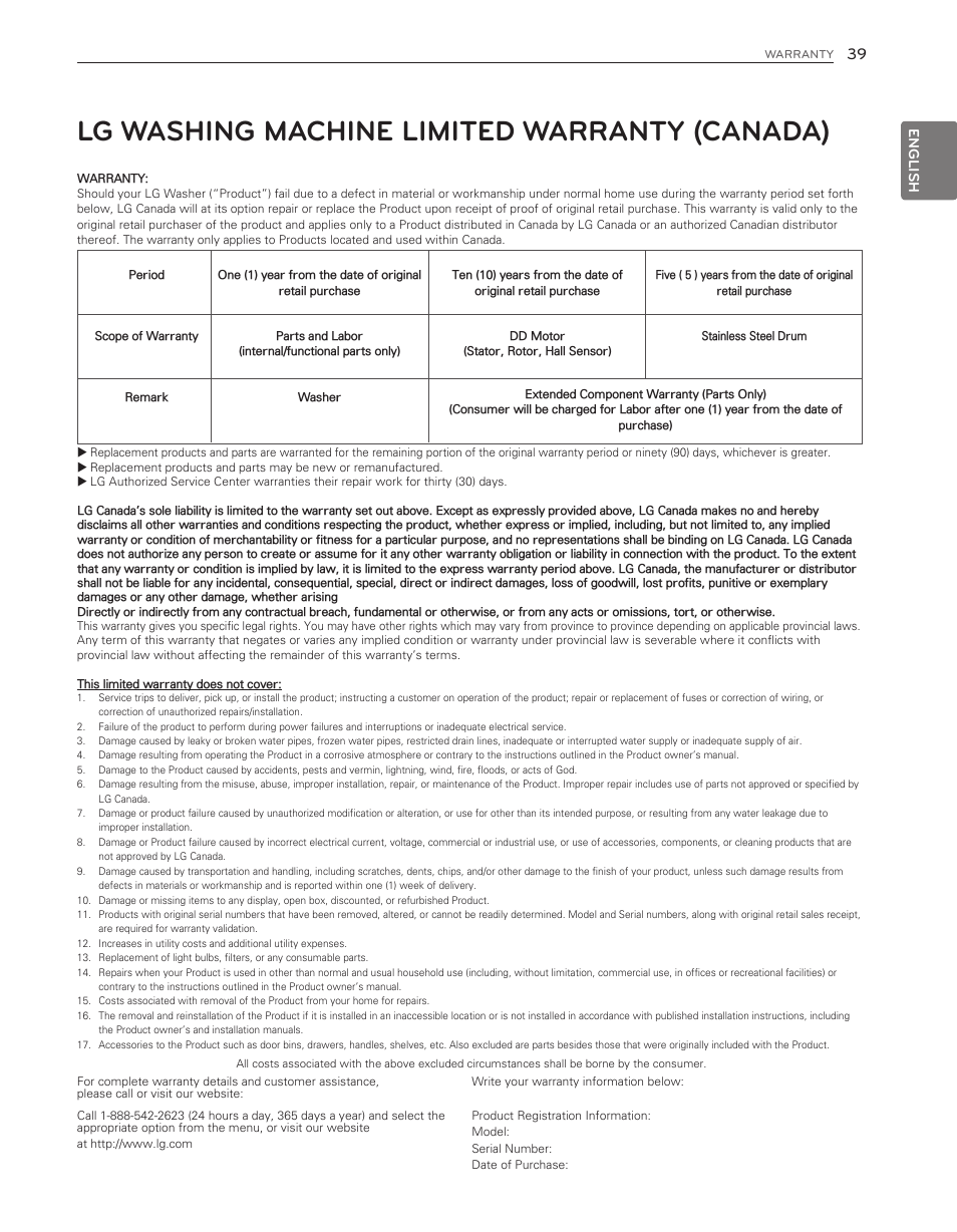 Lg washing machine limited warranty (canada) | LG WM3650HVA User Manual | Page 39 / 80