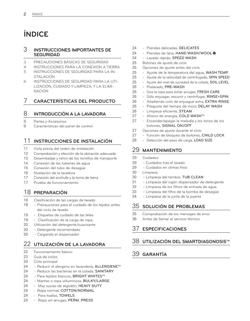 Índice | LG WM3650HVA User Manual | Page 42 / 80