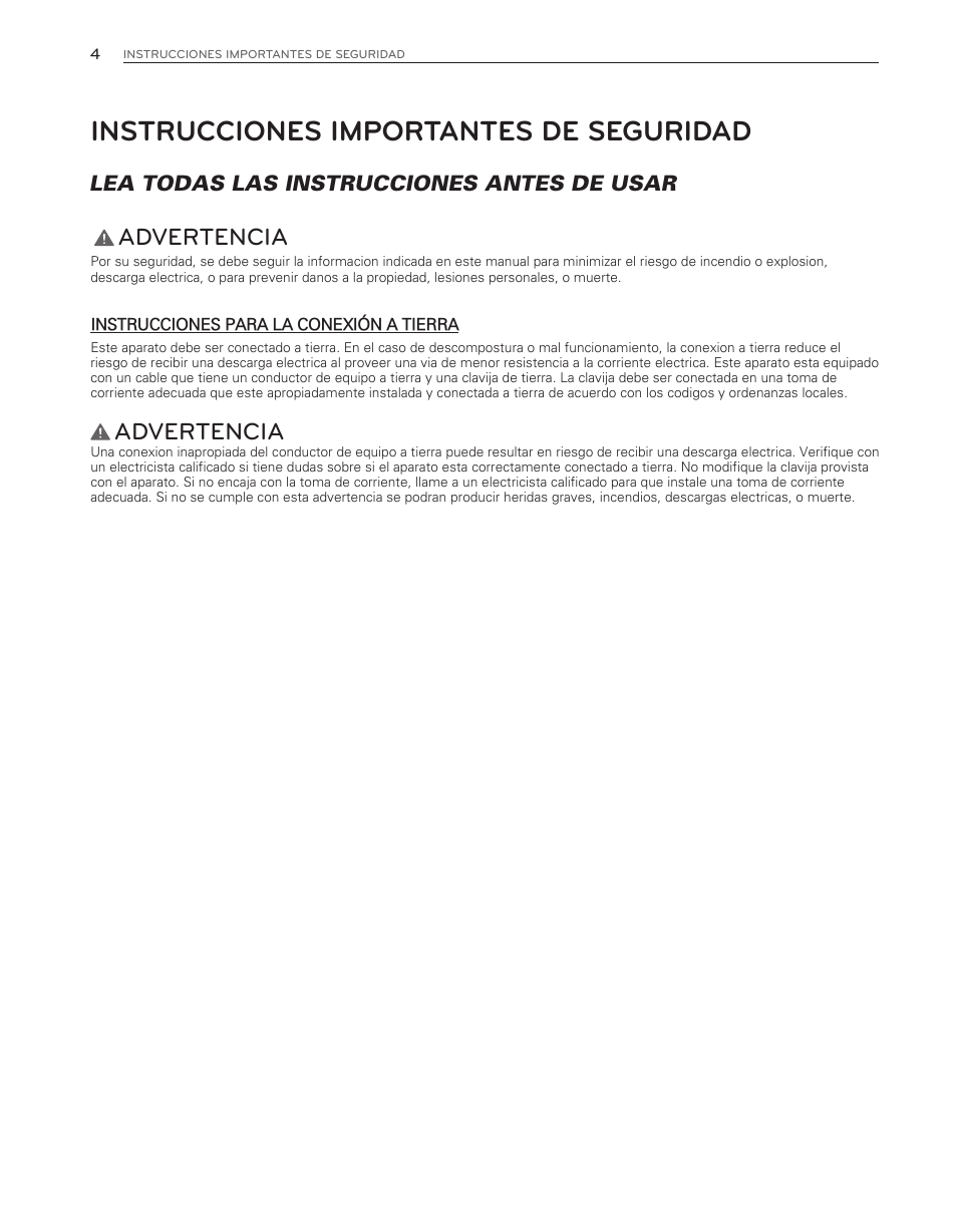 Instrucciones importantes de seguridad, Advertencia, Lea todas las instrucciones antes de usar | LG WM3650HVA User Manual | Page 44 / 80