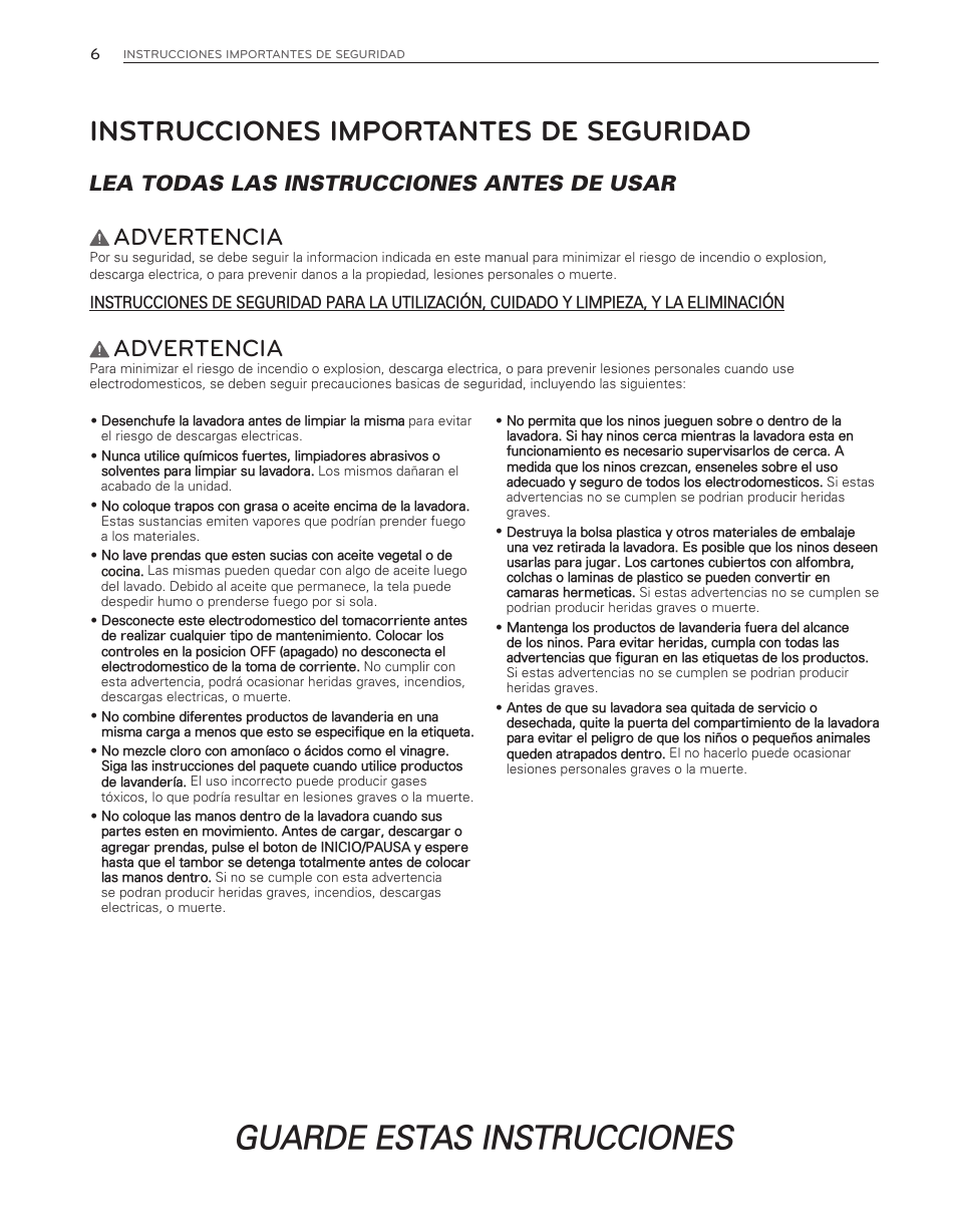 Guarde estas instrucciones, Instrucciones importantes de seguridad, Advertencia | Lea todas las instrucciones antes de usar | LG WM3650HVA User Manual | Page 46 / 80