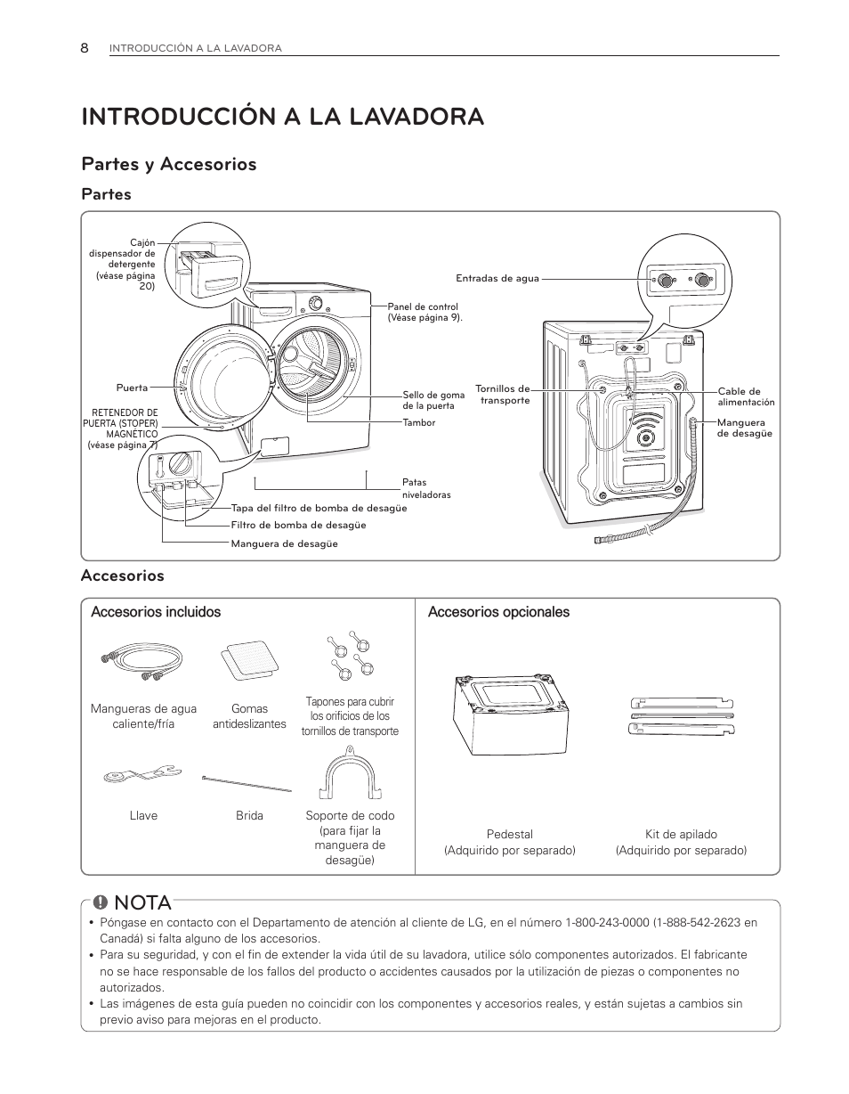 Introducción a la lavadora, Nota, Partes y accesorios | Accesorios, Partes | LG WM3650HVA User Manual | Page 48 / 80