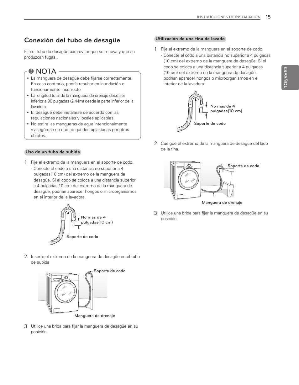 Nota, Conexión del tubo de desagüe | LG WM3650HVA User Manual | Page 55 / 80