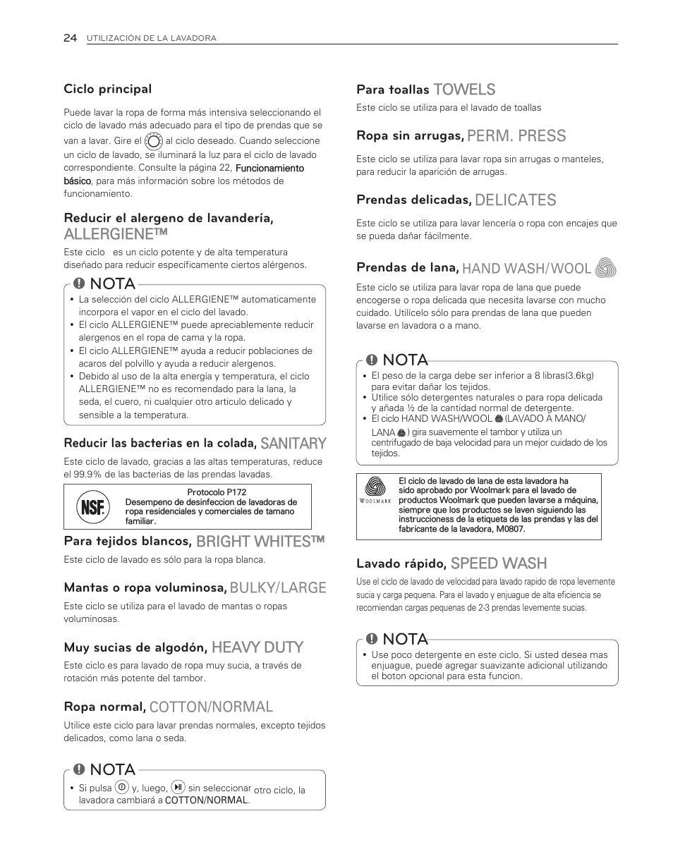 Nota, Towels, Speed wash | Allergiene, Sanitary, Bright whites, Heavy duty | LG WM3650HVA User Manual | Page 64 / 80