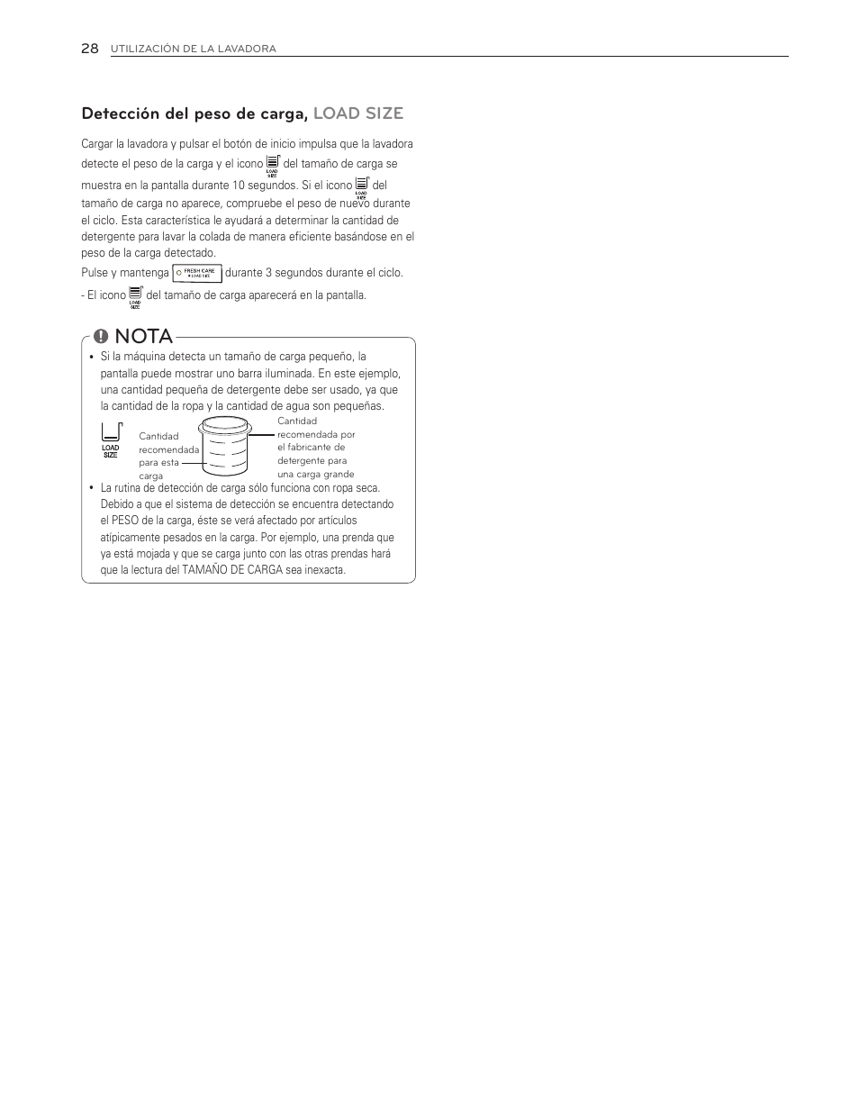 Nota, Detección del peso de carga, load size | LG WM3650HVA User Manual | Page 68 / 80