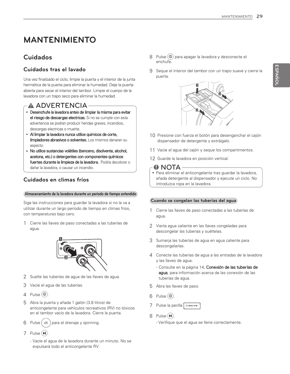Mantenimiento, Advertencia, Nota | Cuidados, Cuidados tras el lavado, Cuidados en climas fríos | LG WM3650HVA User Manual | Page 69 / 80