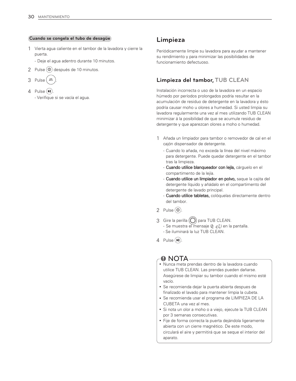 Nota, Limpieza, Limpieza del tambor, tub clean | LG WM3650HVA User Manual | Page 70 / 80