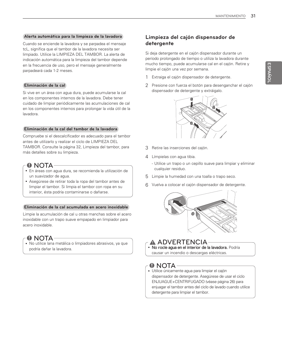 Nota, Advertencia, Limpieza del cajón dispensador de detergente | LG WM3650HVA User Manual | Page 71 / 80