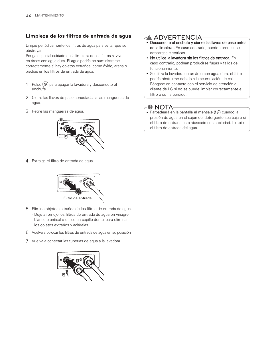 Advertencia, Nota, Limpieza de los filtros de entrada de agua | LG WM3650HVA User Manual | Page 72 / 80