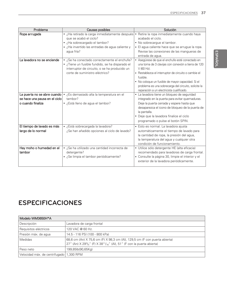 Especificaciones | LG WM3650HVA User Manual | Page 77 / 80