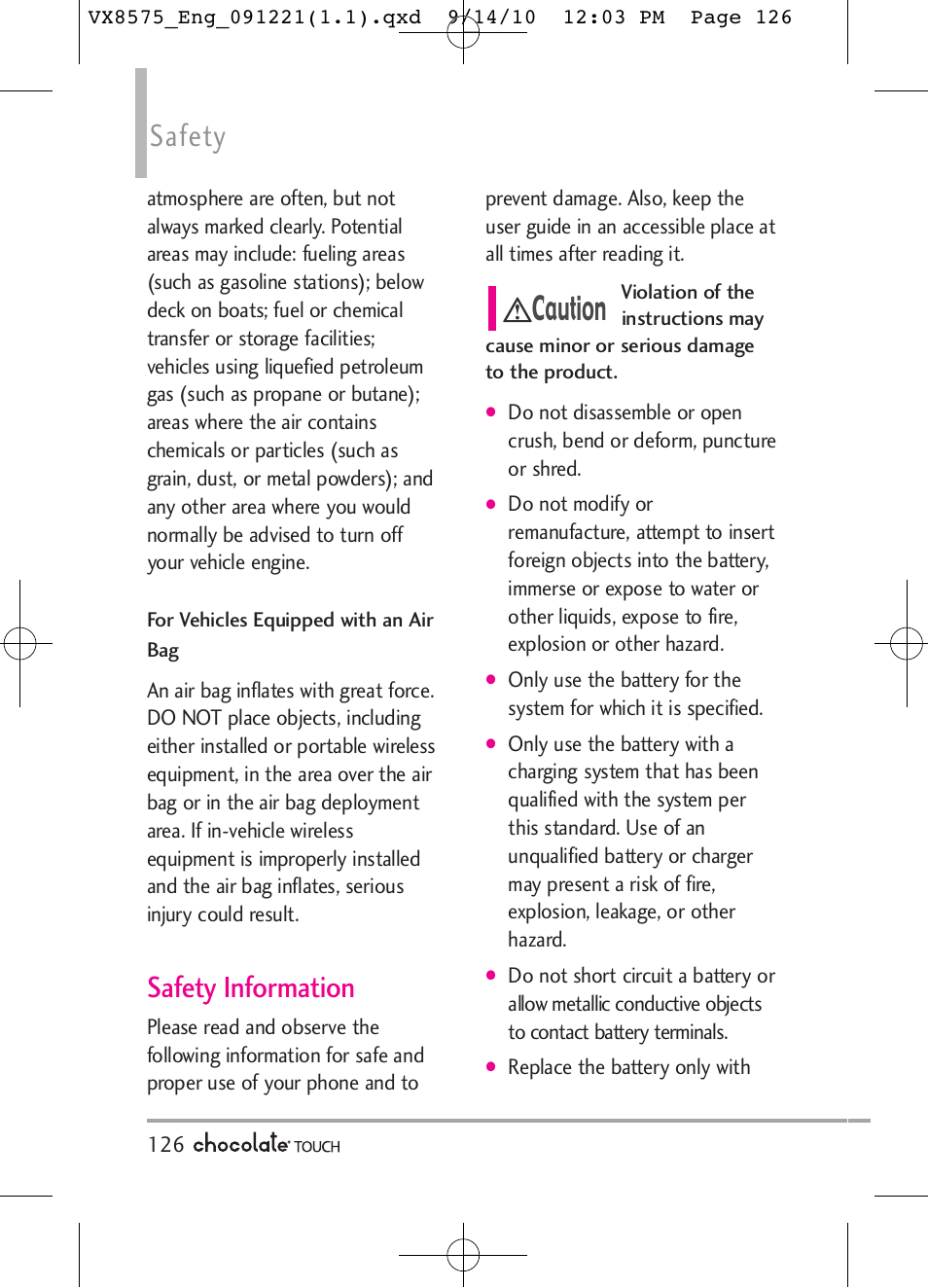 Caution, Safety, Safety information | LG LGVX8575LK User Manual | Page 128 / 162