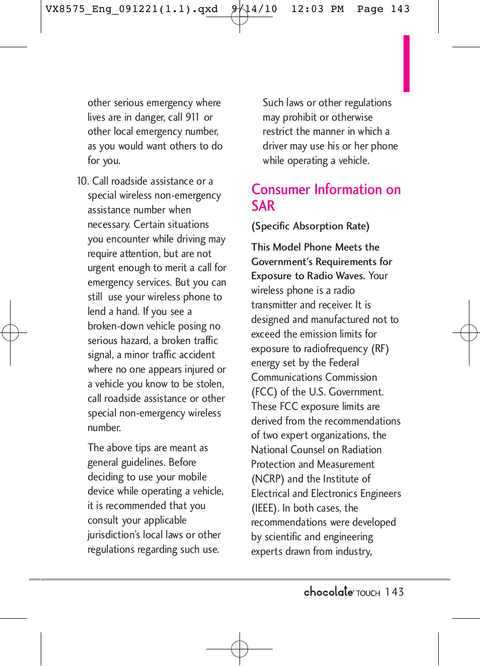 Consumer information on sar | LG LGVX8575LK User Manual | Page 145 / 162