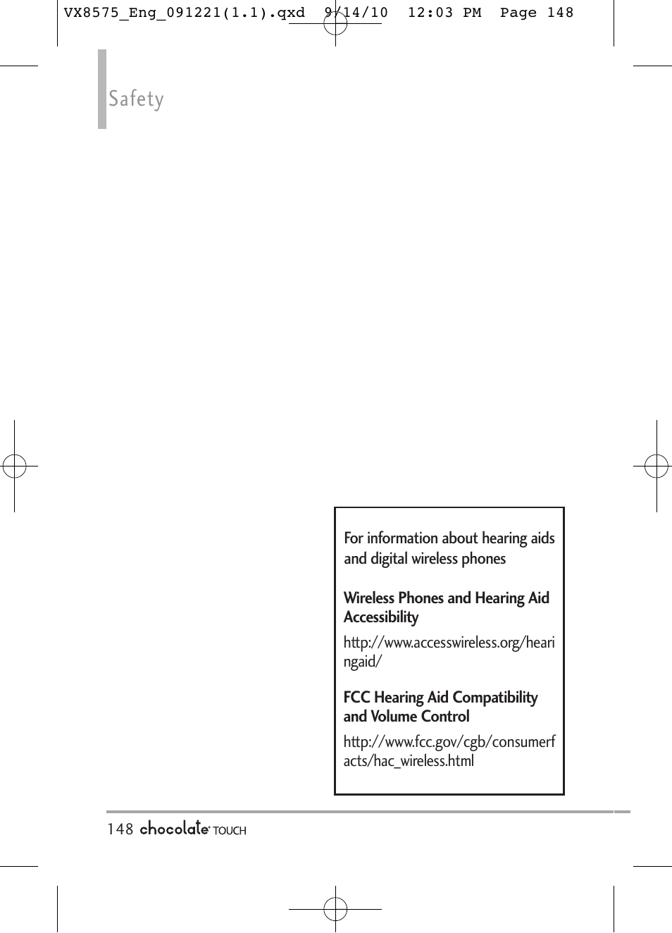 Safety | LG LGVX8575LK User Manual | Page 150 / 162