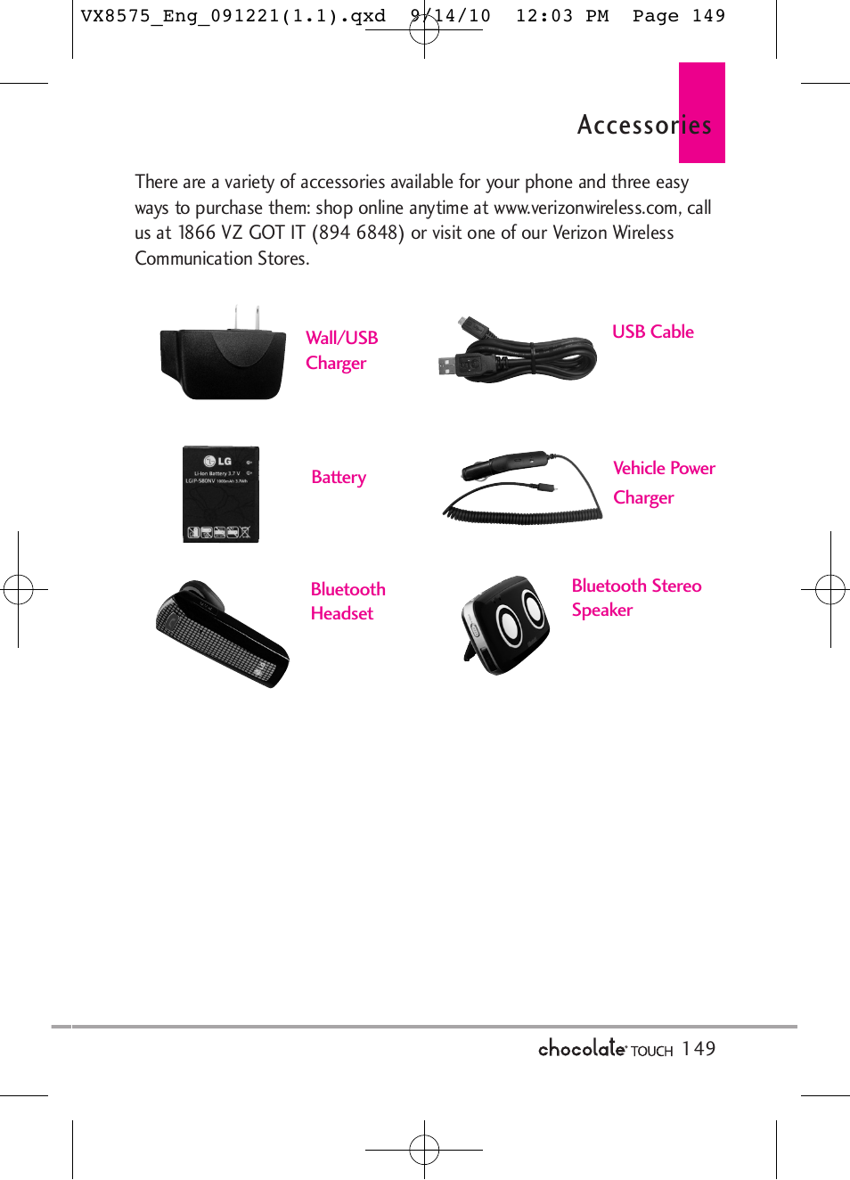 Accessories | LG LGVX8575LK User Manual | Page 151 / 162