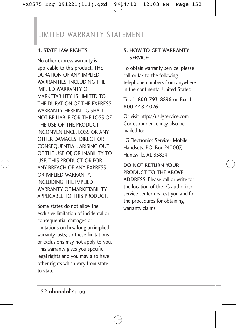 Limited warranty statement | LG LGVX8575LK User Manual | Page 154 / 162